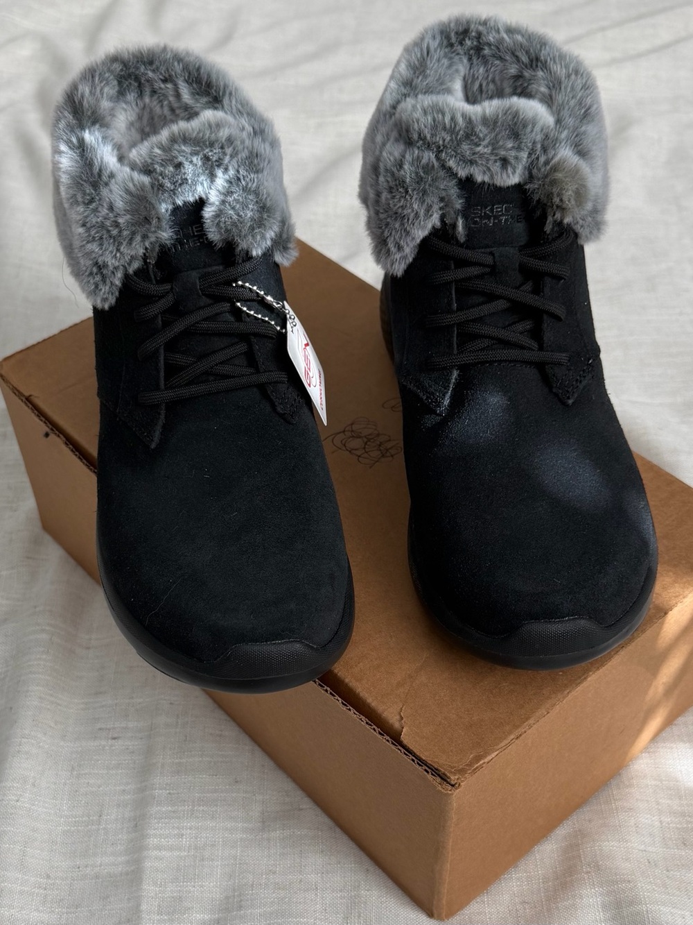 Skechers Black Winter Boot with Gray Faux-Fur Collar
